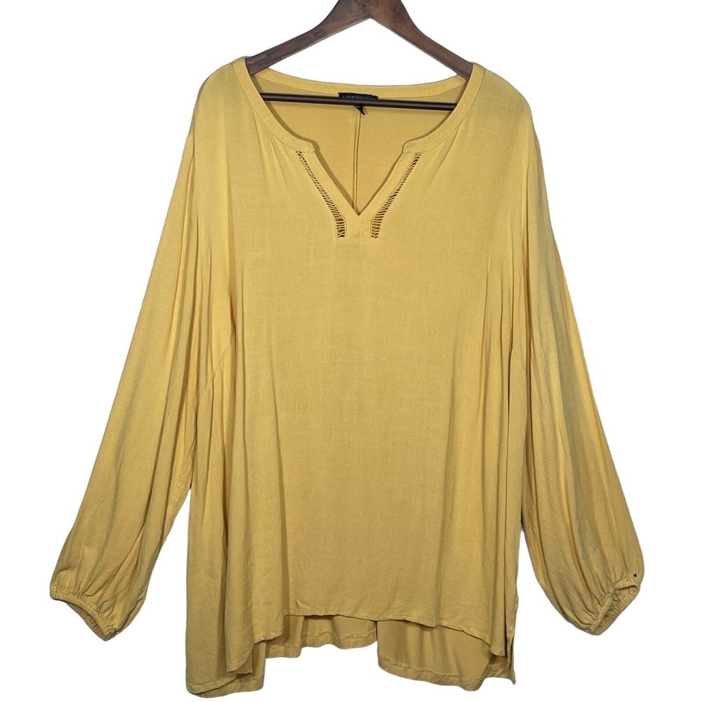 Lane Bryant Blouse Womens 26 Yellow Split Neck Ladder Stitch High-Low Excellent